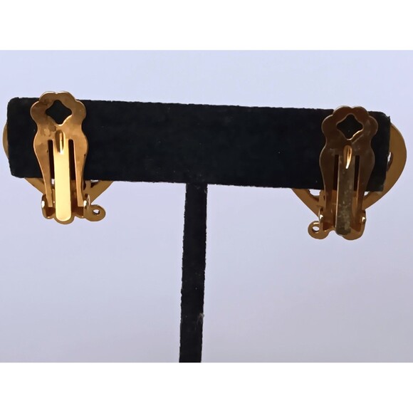 Vintage Unsigned Goldtone Black Rhinestone Lyre Heart Clip On Earrings 1.25 in - Picture 8 of 9